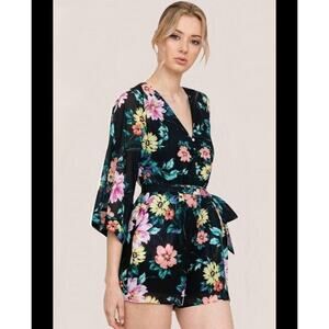 Yumi Kim Wild Rose Black Lotus Romper Floral V neck One Piece Belt Sz S NWT
